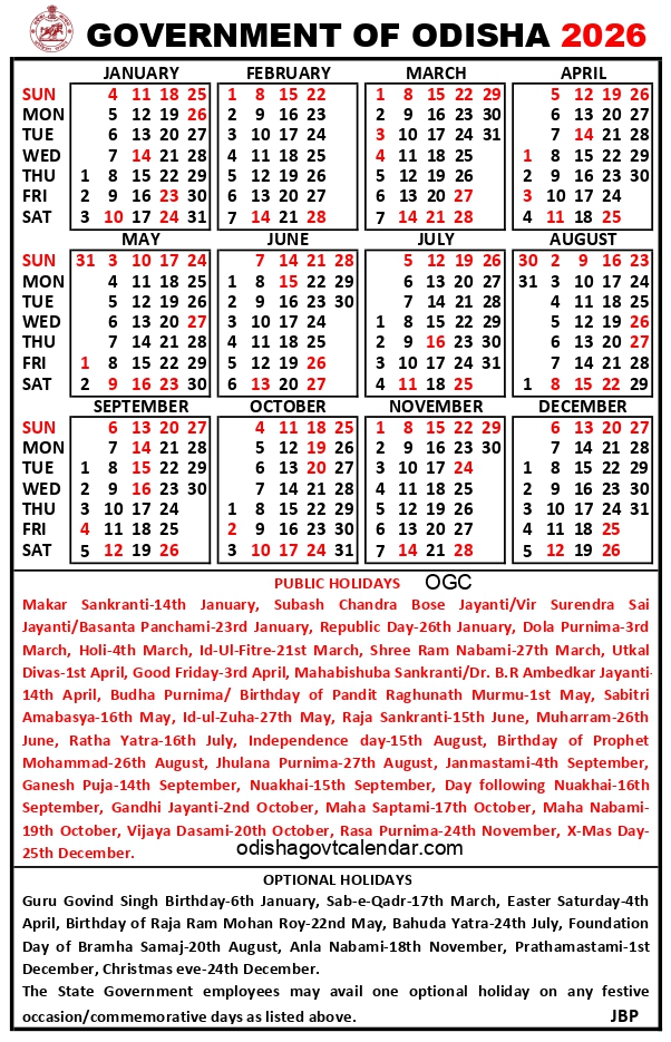 Odisha Government Calendar 2026